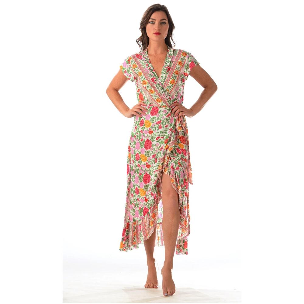 Walker & Wade Voyager Wrap Dress White Rose Floral Resortwear Ruffle Medium